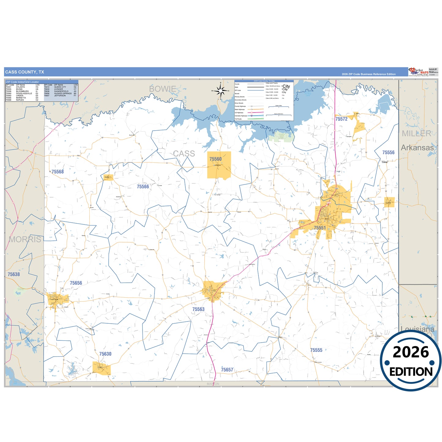 Cass County, TX Business Reference 5 Digit ZIP Code Wall Map