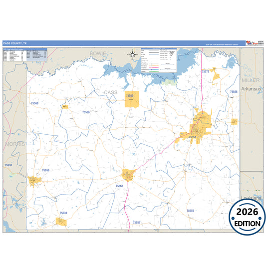 Cass County, TX Business Reference 5 Digit ZIP Code Wall Map