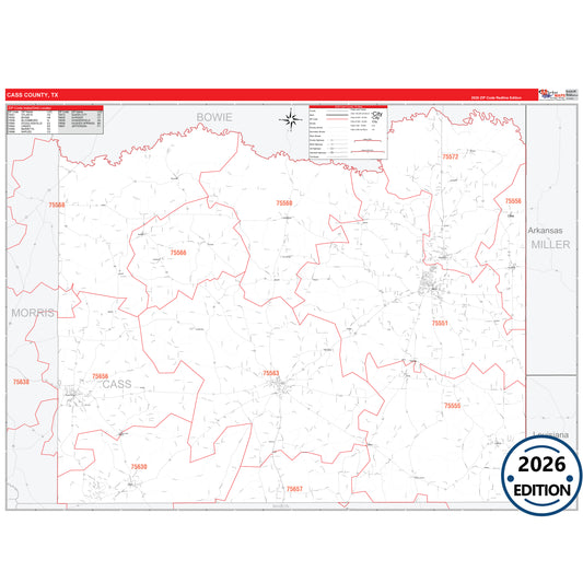 Cass County, TX Red Line 5 Digit ZIP Code Wall Map
