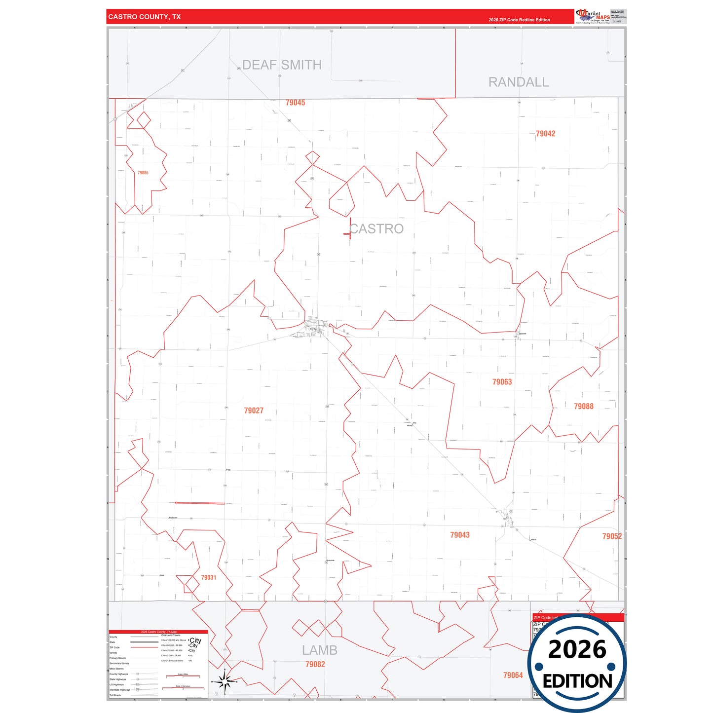 Castro County, TX Red Line 5 Digit ZIP Code Wall Map