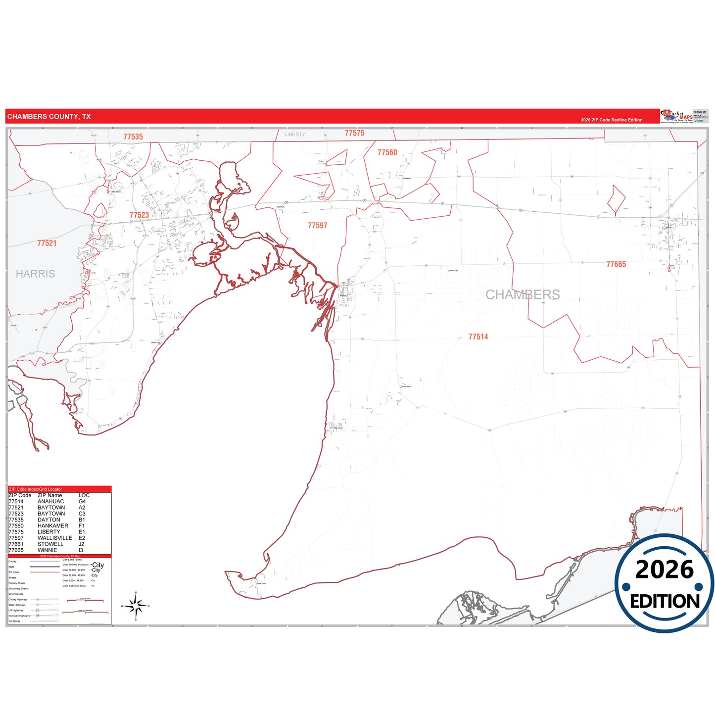 Chambers County, TX Red Line 5 Digit ZIP Code Wall Map