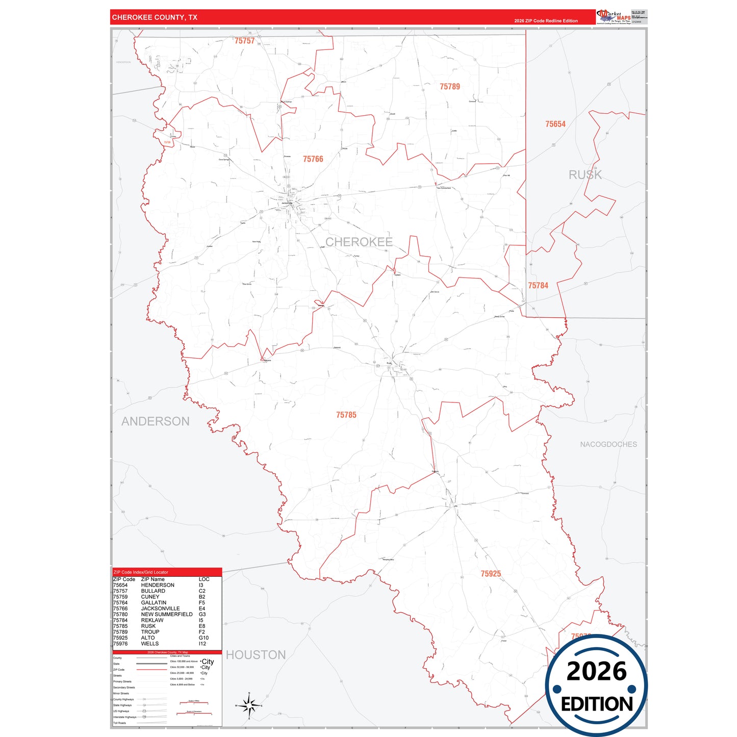 Cherokee County, TX Red Line 5 Digit ZIP Code Wall Map