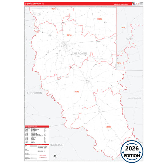 Cherokee County, TX Red Line 5 Digit ZIP Code Wall Map