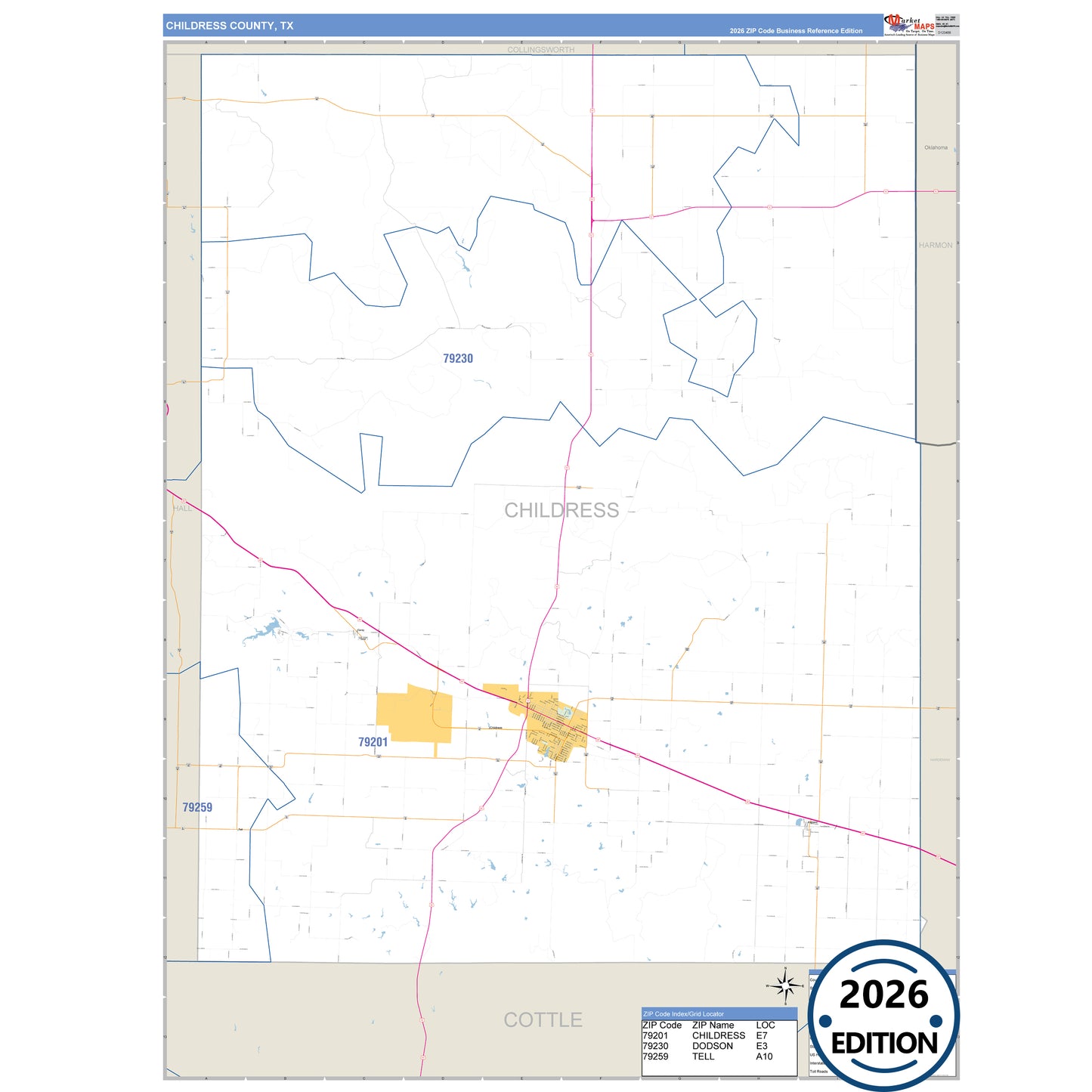 Childress County, TX Business Reference 5 Digit ZIP Code Wall Map