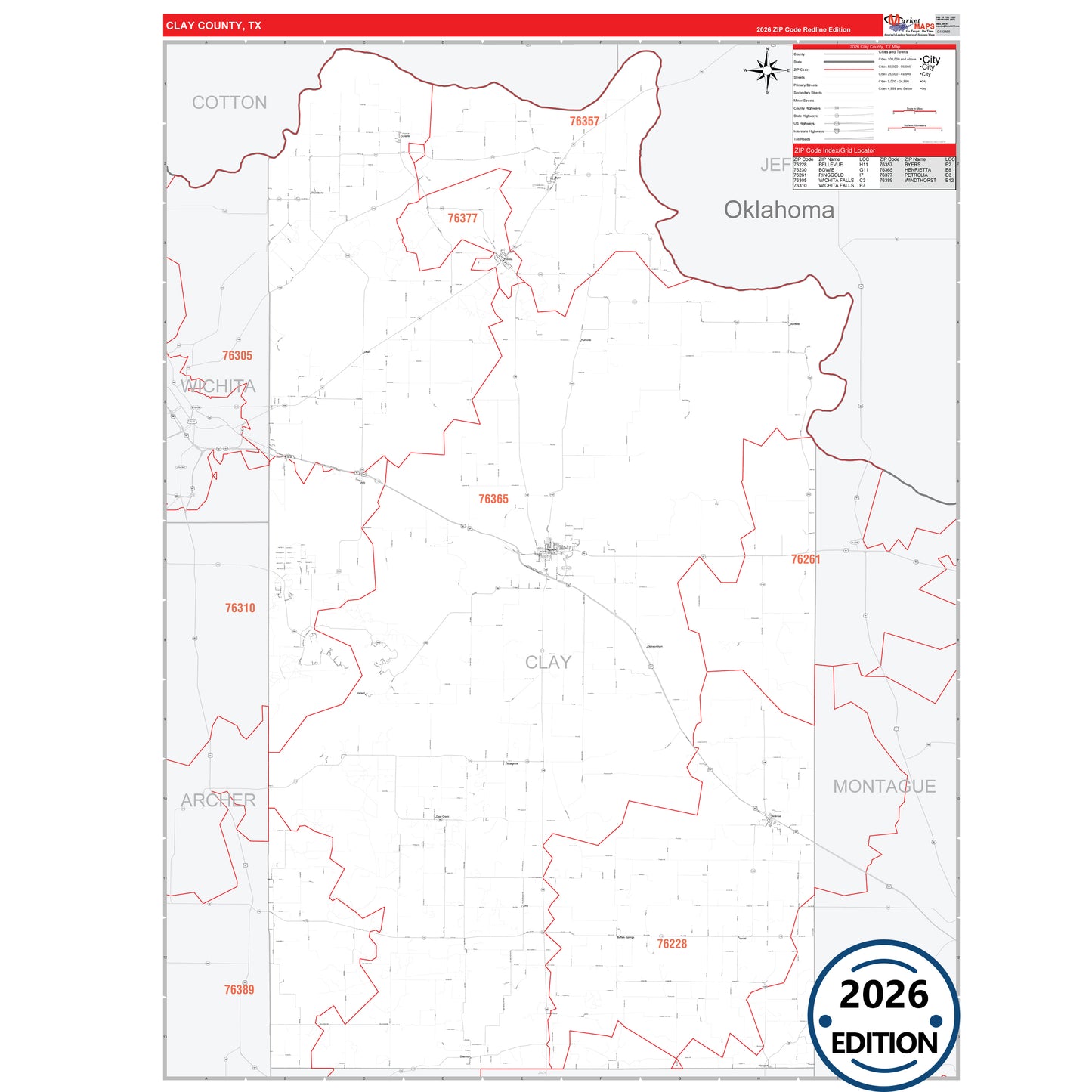 Clay County, TX Red Line 5 Digit ZIP Code Wall Map