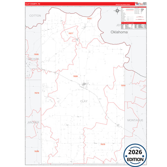 Clay County, TX Red Line 5 Digit ZIP Code Wall Map