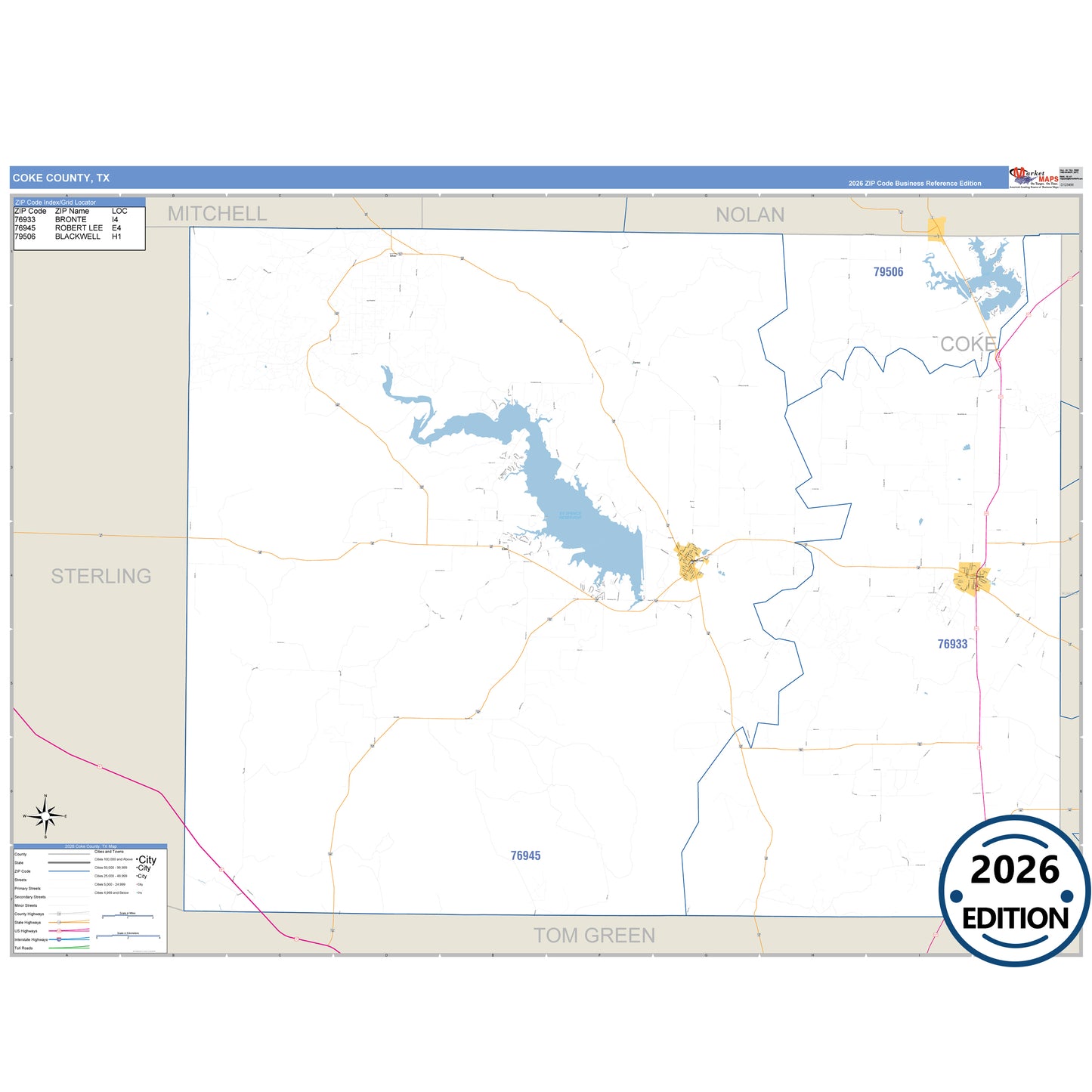 Coke County, TX Business Reference 5 Digit ZIP Code Wall Map