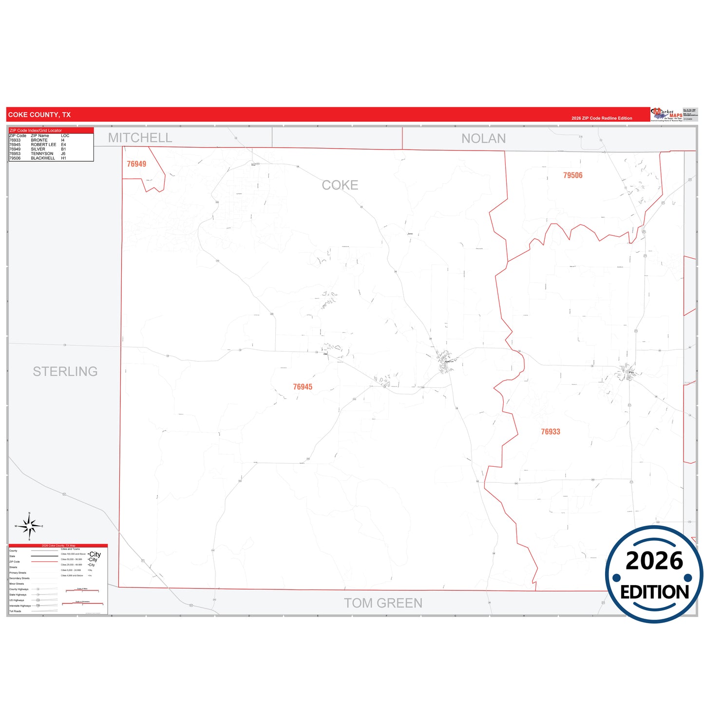 Coke County, TX Red Line 5 Digit ZIP Code Wall Map