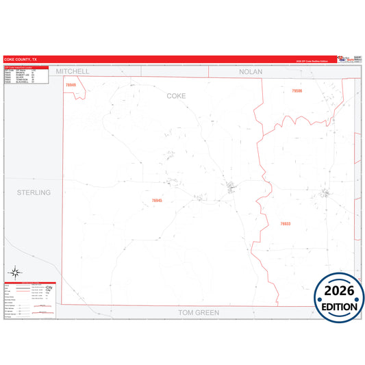 Coke County, TX Red Line 5 Digit ZIP Code Wall Map