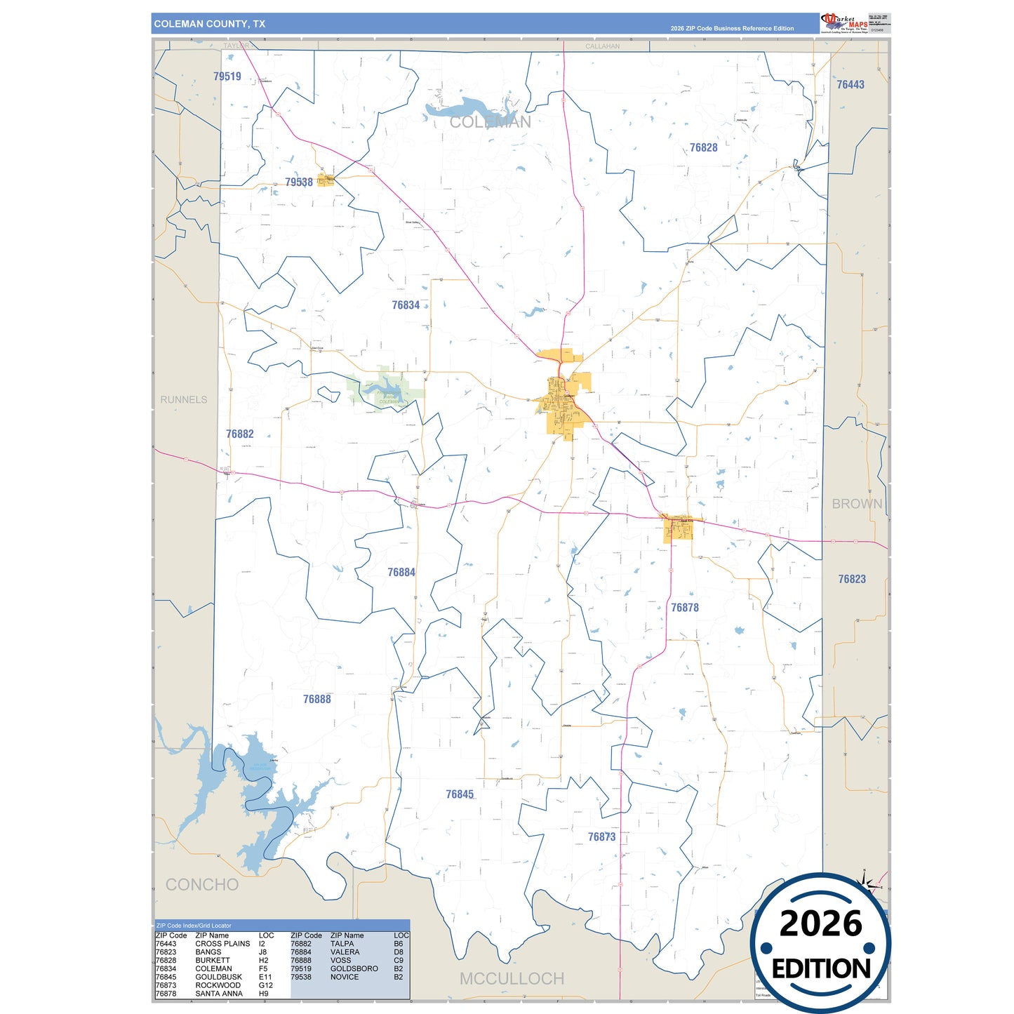 Coleman County, TX Business Reference 5 Digit ZIP Code Wall Map