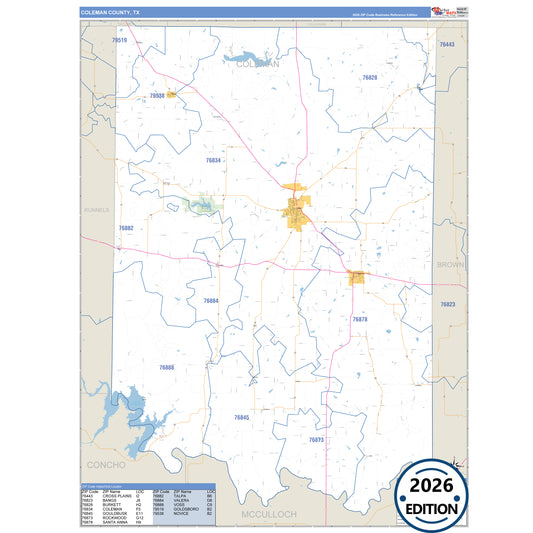 Coleman County, TX Business Reference 5 Digit ZIP Code Wall Map