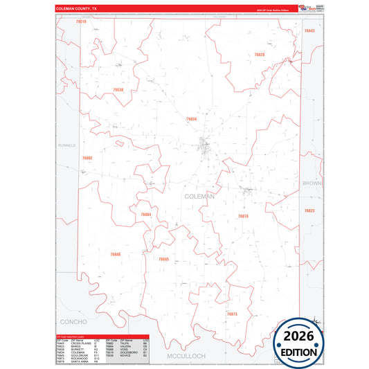 Coleman County, TX Red Line 5 Digit ZIP Code Wall Map