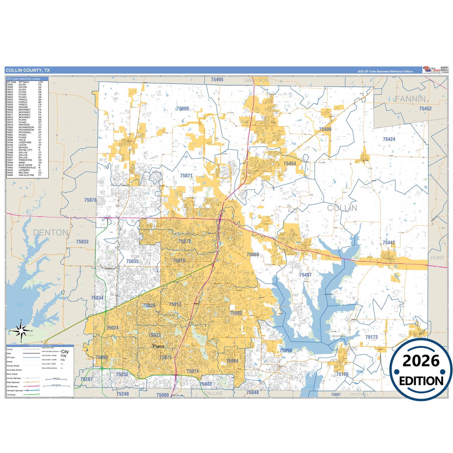 Collin County, TX Business Reference 5 Digit ZIP Code Wall Map