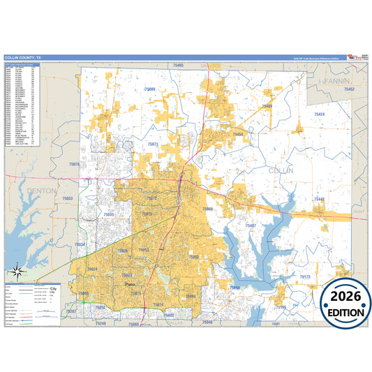Collin County, TX Business Reference 5 Digit ZIP Code Wall Map