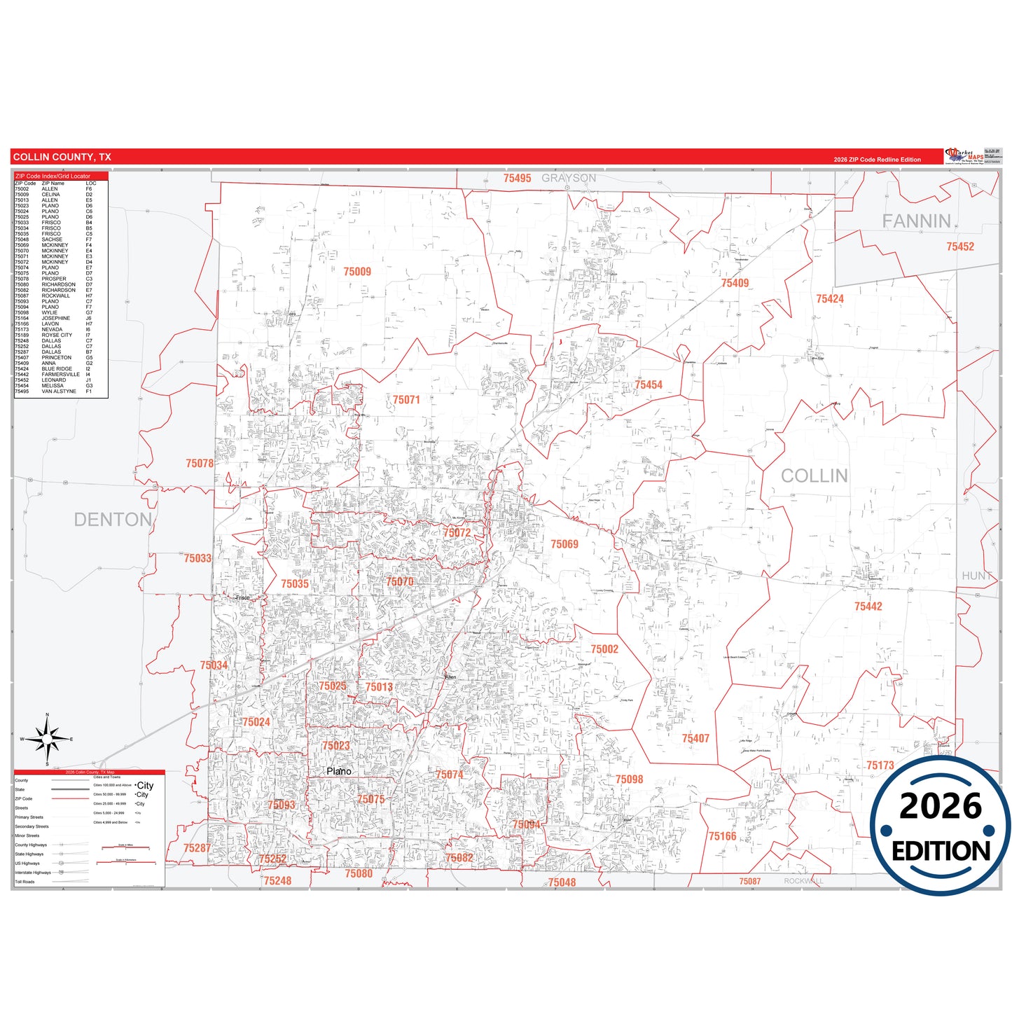 Collin County, TX Red Line 5 Digit ZIP Code Wall Map