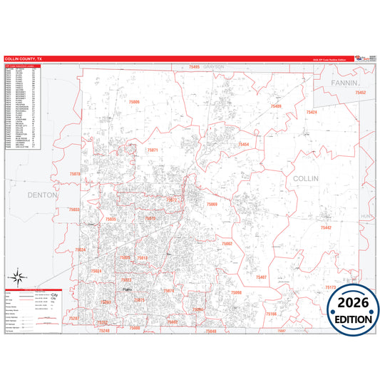 Collin County, TX Red Line 5 Digit ZIP Code Wall Map