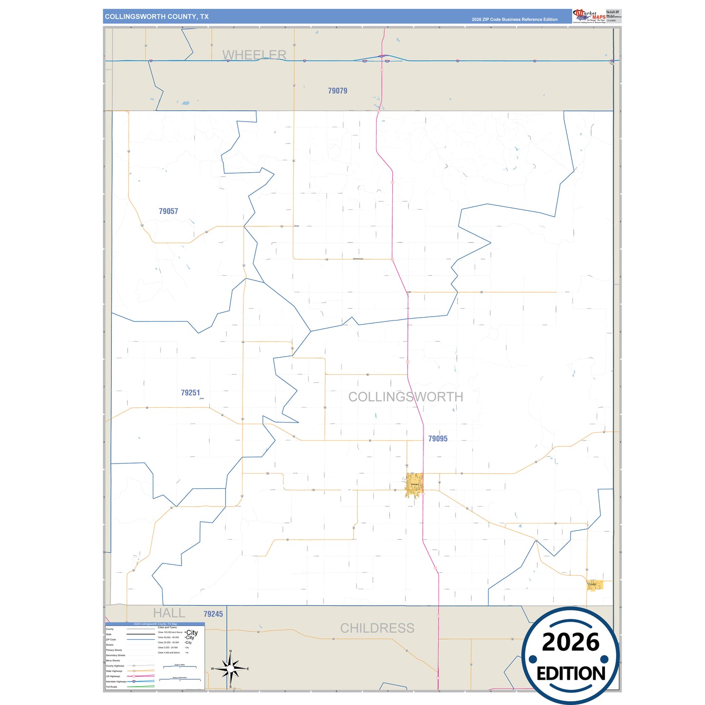 Collingsworth County, TX Business Reference 5 Digit ZIP Code Wall Map