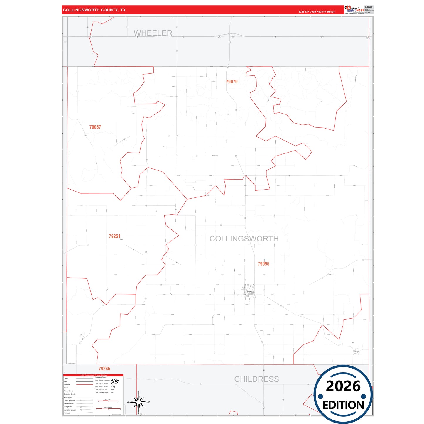 Collingsworth County, TX Red Line 5 Digit ZIP Code Wall Map