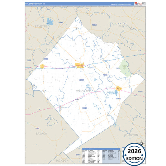 Colorado County, TX Business Reference 5 Digit ZIP Code Wall Map