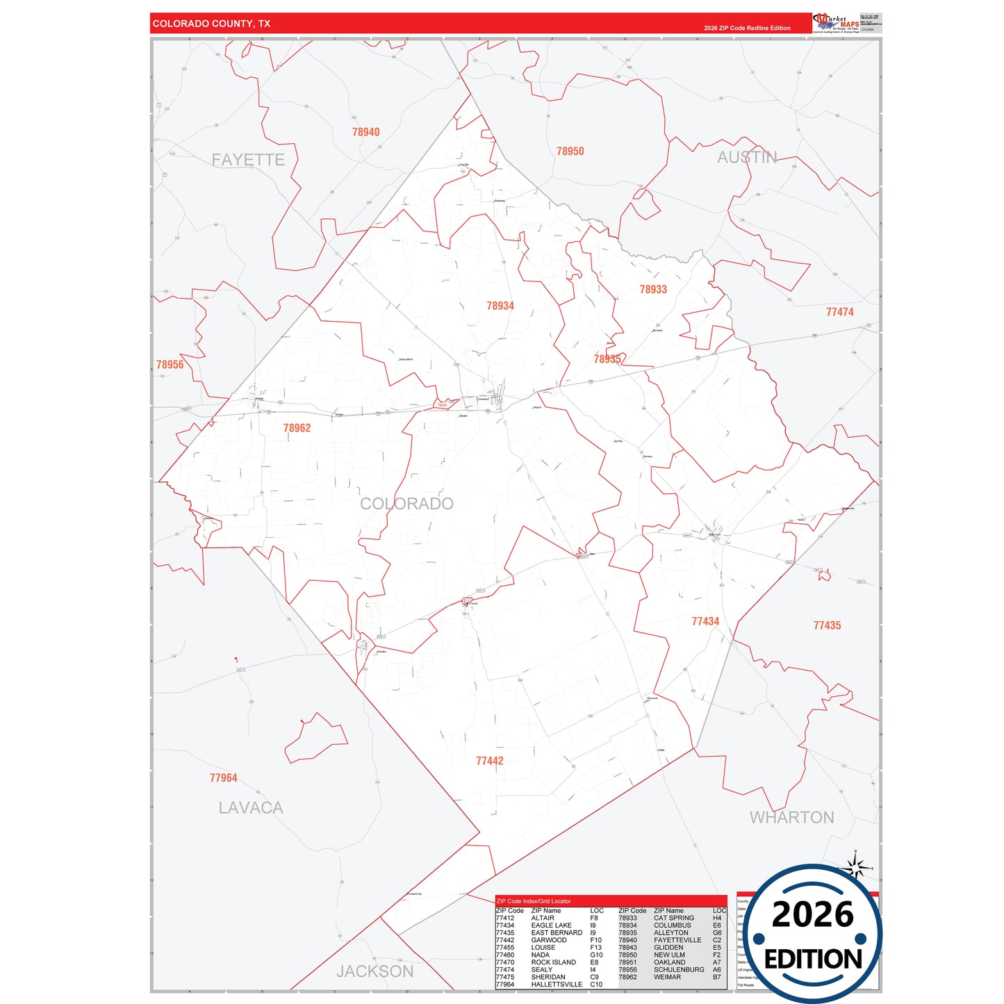 Colorado County, TX Red Line 5 Digit ZIP Code Wall Map