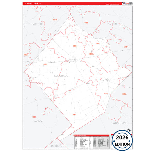 Colorado County, TX Red Line 5 Digit ZIP Code Wall Map