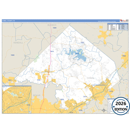 Comal County, TX Business Reference 5 Digit ZIP Code Wall Map