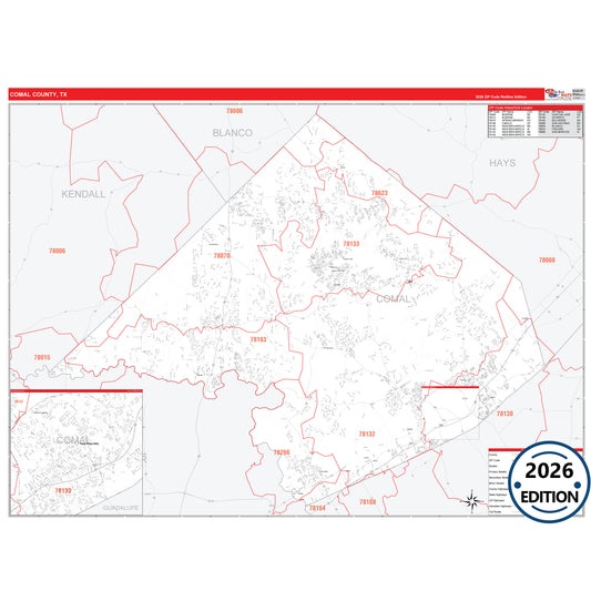 Comal County, TX Red Line 5 Digit ZIP Code Wall Map