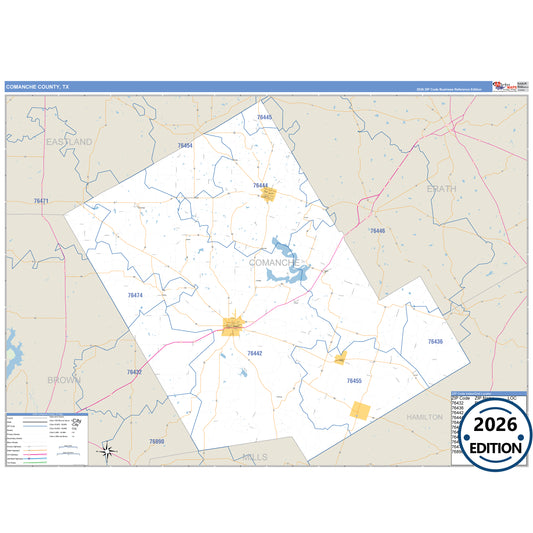 Comanche County, TX Business Reference 5 Digit ZIP Code Wall Map