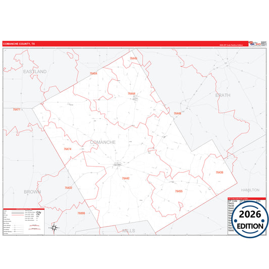 Comanche County, TX Red Line 5 Digit ZIP Code Wall Map