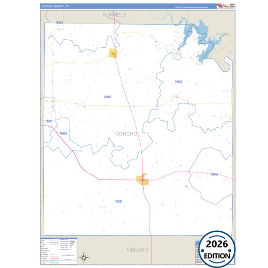 Concho County, TX Business Reference 5 Digit ZIP Code Wall Map