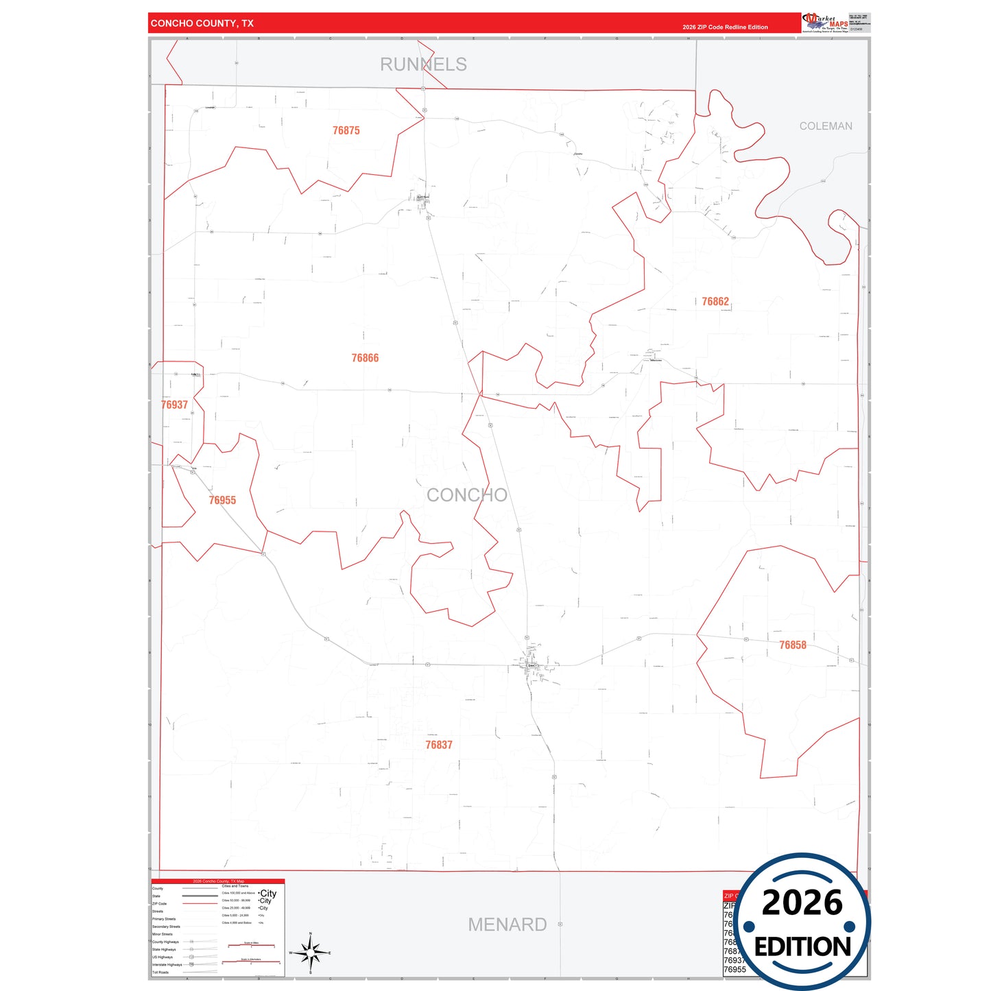 Concho County, TX Red Line 5 Digit ZIP Code Wall Map