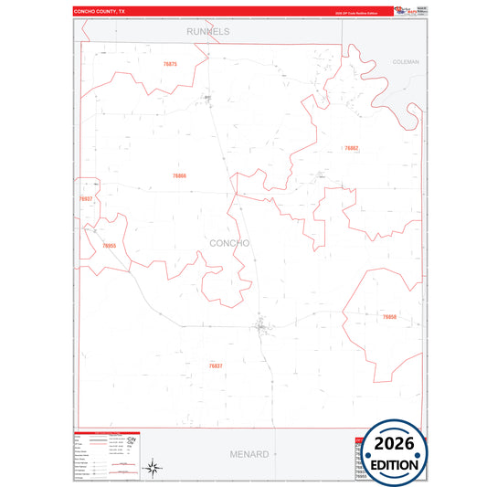Concho County, TX Red Line 5 Digit ZIP Code Wall Map