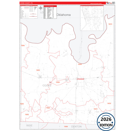 Cooke County, TX Red Line 5 Digit ZIP Code Wall Map
