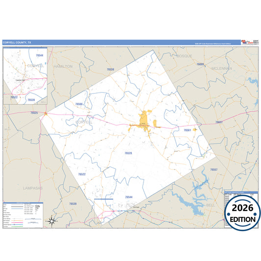 Coryell County, TX Business Reference 5 Digit ZIP Code Wall Map