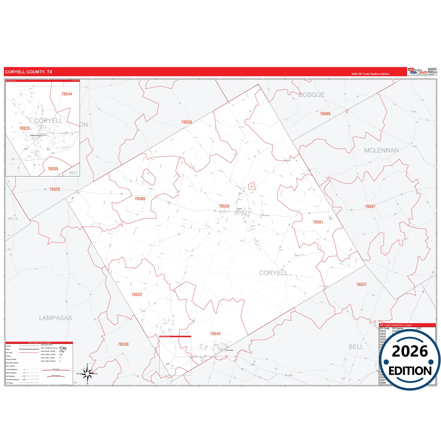 Coryell County, TX Red Line 5 Digit ZIP Code Wall Map