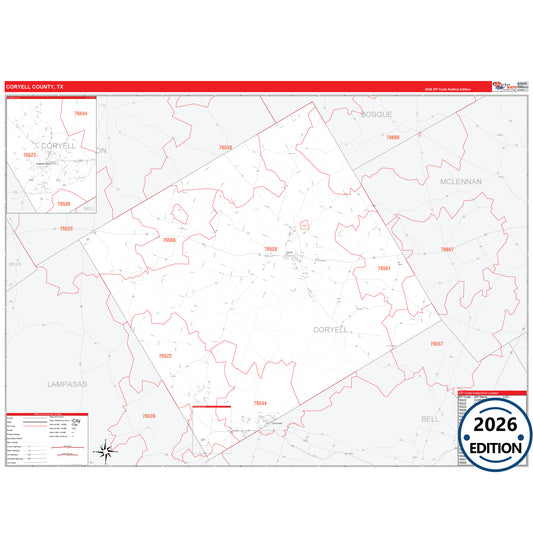 Coryell County, TX Red Line 5 Digit ZIP Code Wall Map