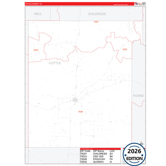 Cottle County, TX Red Line 5 Digit ZIP Code Wall Map