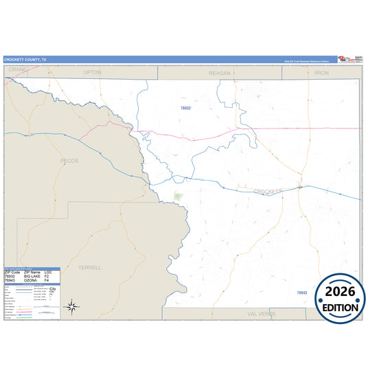 Crockett County, TX Business Reference 5 Digit ZIP Code Wall Map