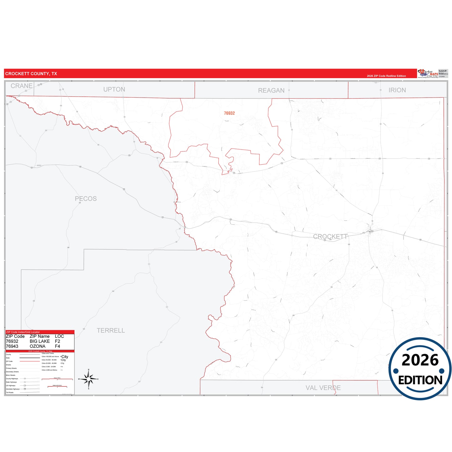 Crockett County, TX Red Line 5 Digit ZIP Code Wall Map