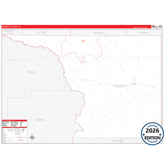 Crockett County, TX Red Line 5 Digit ZIP Code Wall Map
