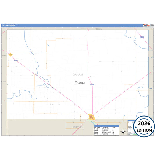 Dallam County, TX Business Reference 5 Digit ZIP Code Wall Map