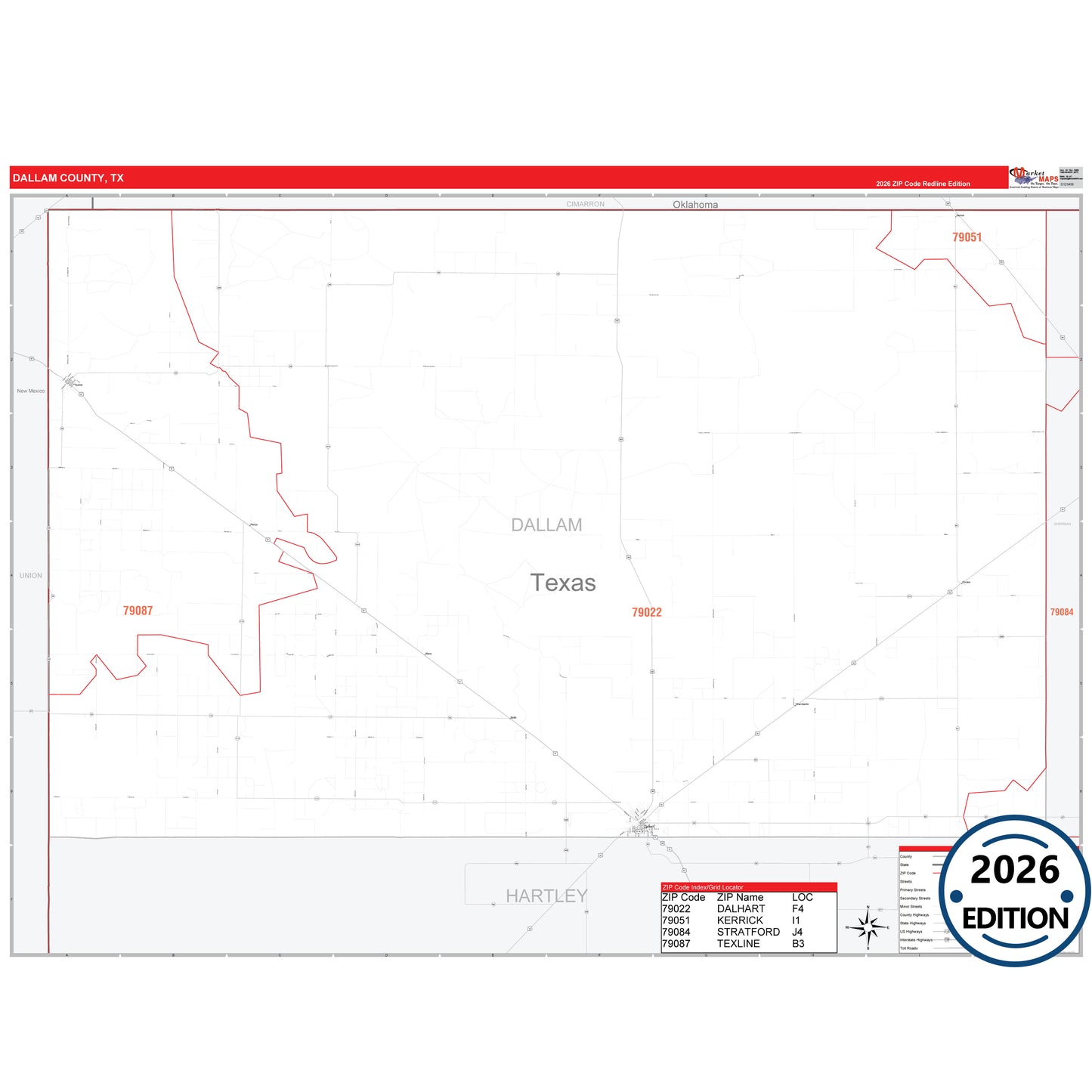 Dallam County, TX Red Line 5 Digit ZIP Code Wall Map