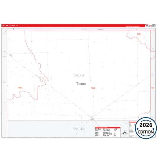 Dallam County, TX Red Line 5 Digit ZIP Code Wall Map