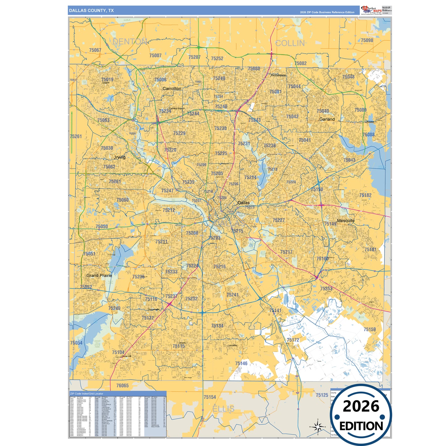 Dallas County, TX Business Reference 5 Digit ZIP Code Wall Map