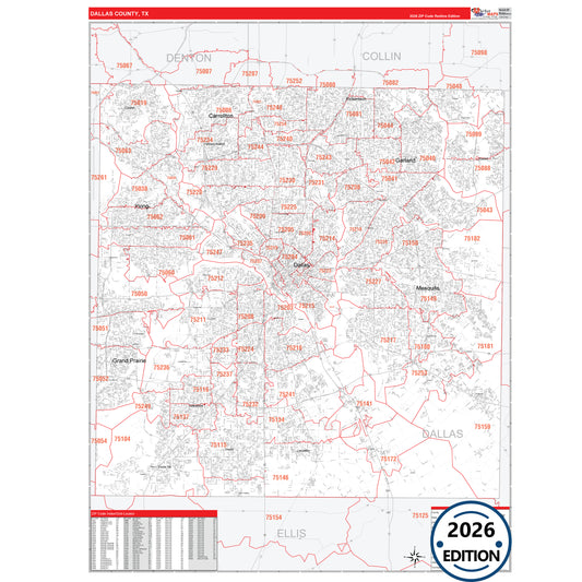 Dallas County, TX Red Line 5 Digit ZIP Code Wall Map