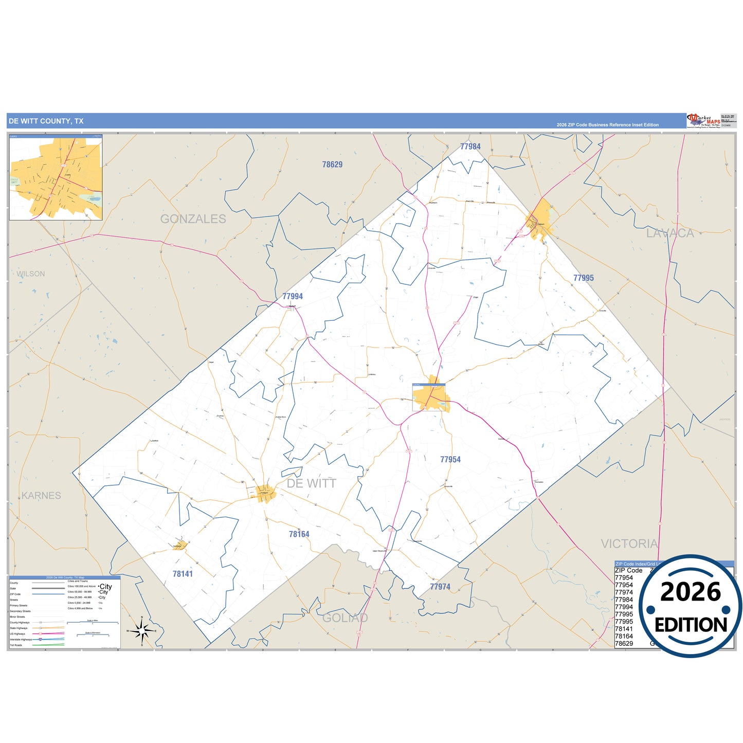 DeWitt County, TX Business Reference 5 Digit ZIP Code Wall Map
