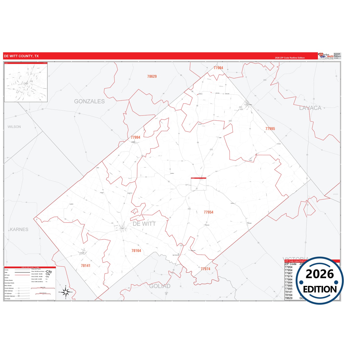 DeWitt County, TX Red Line 5 Digit ZIP Code Wall Map