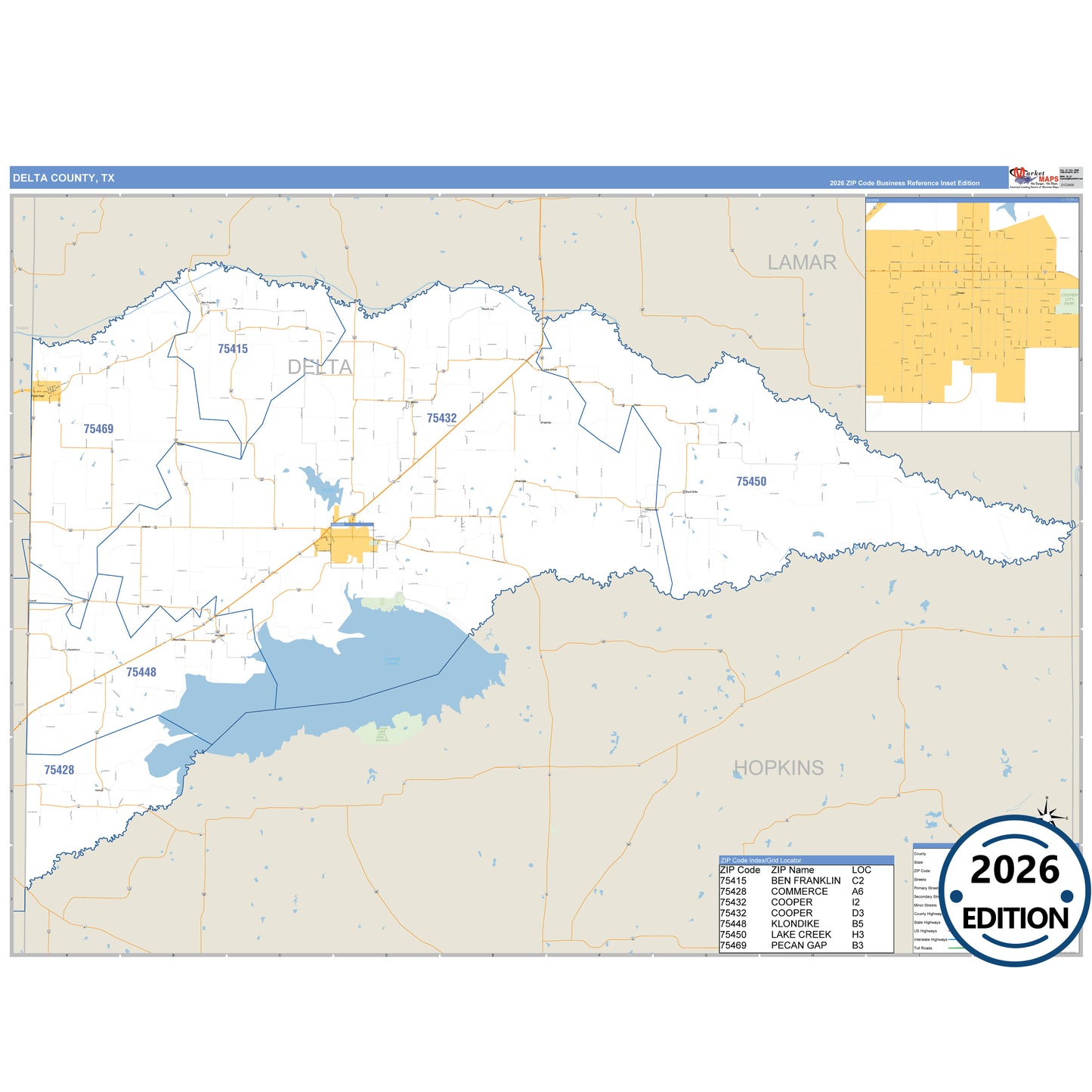 Delta County, TX Business Reference 5 Digit ZIP Code Wall Map