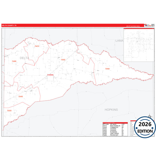 Delta County, TX Red Line 5 Digit ZIP Code Wall Map