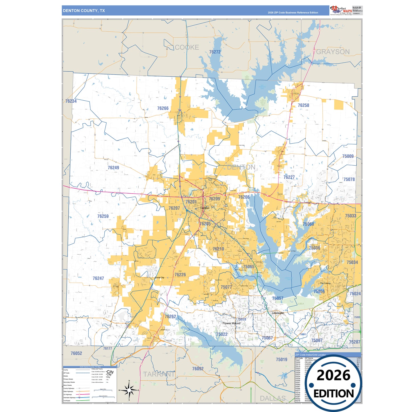 Denton County, TX Business Reference 5 Digit ZIP Code Wall Map
